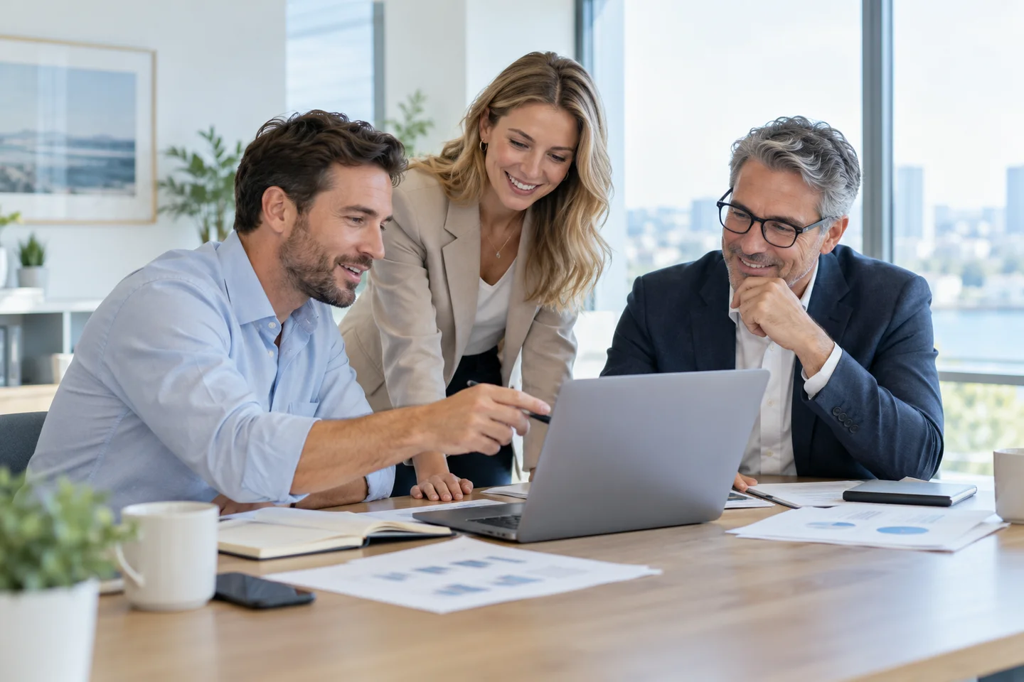 Illustrative finance team reviewing a deal together