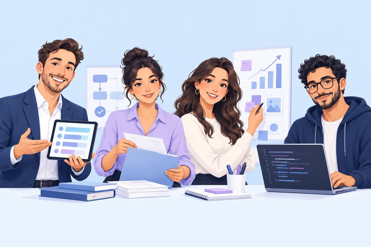 Cartoon team representing MCA sales, operations, marketing, and software backgrounds, from left to right